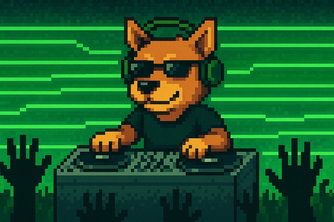 Antropomorphic dog dj mixing and some hands up from the crowd with panoramic futuristic green neon lines as background visuals