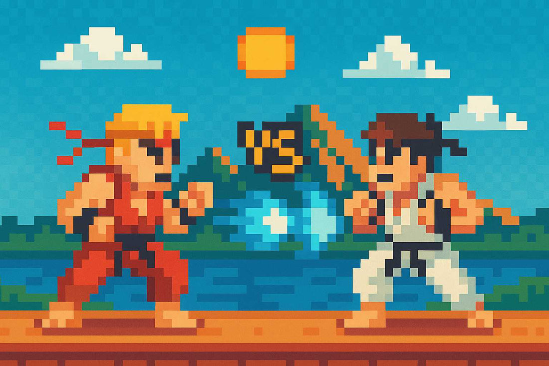 Retro pixel art depicting two fighters in a battle, showcasing the best AI image generators in gaming.