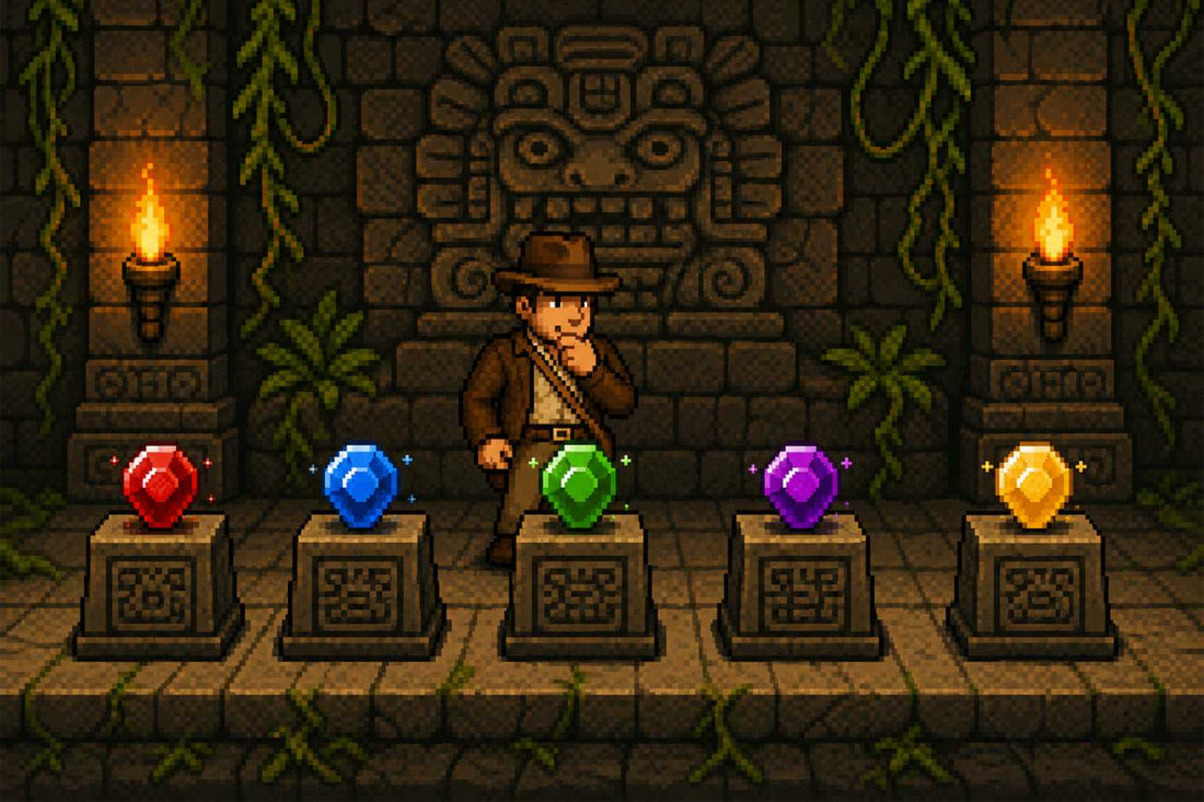 An adventurer choosing between gems of different colors in a kind of video game. Pixel art style.